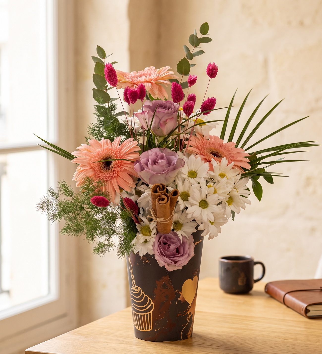 İyi Ki Doğdun Mesajlı Kutuda Gerbera ve Lila Gül